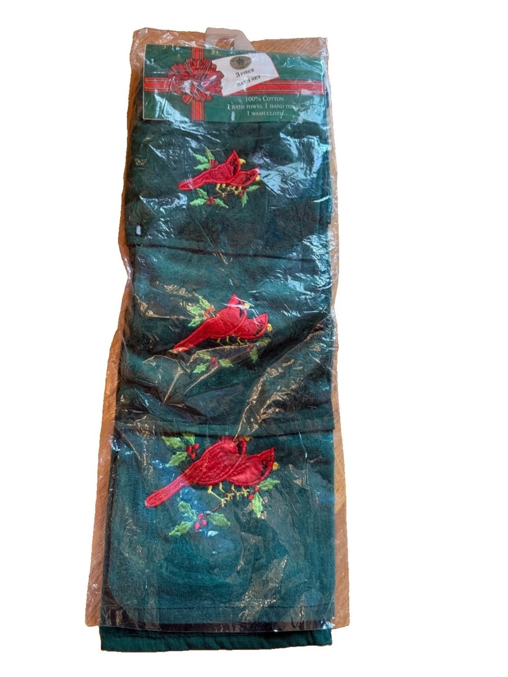 🆕Sultans linens 3 piece winter forest‎ green towel set red cardinals guest bath
